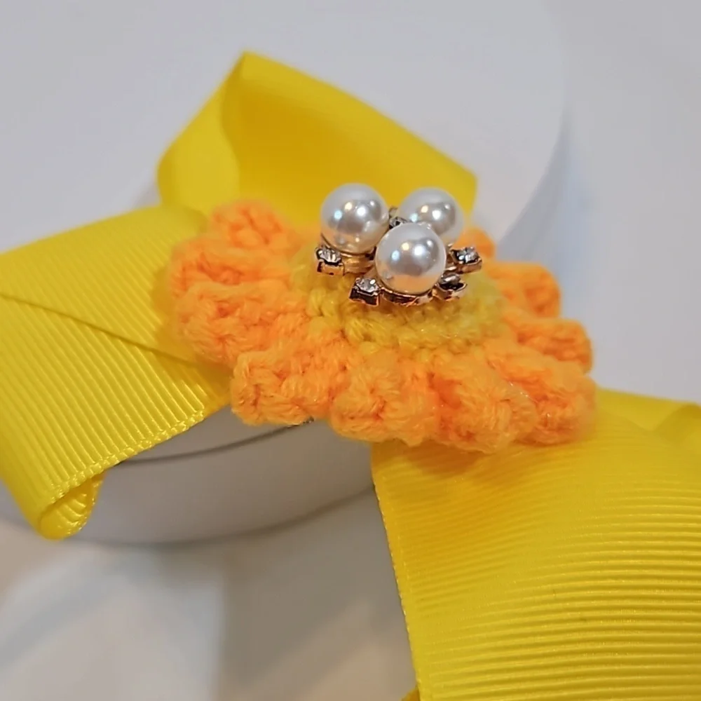 Hand Crafted yellow bow hairband hand crochet flower faux pearls beads floral
